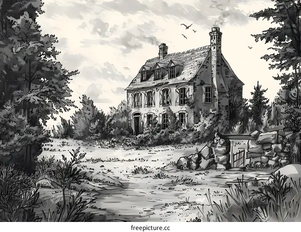 Black and White Illustration of an Old House in the Countryside