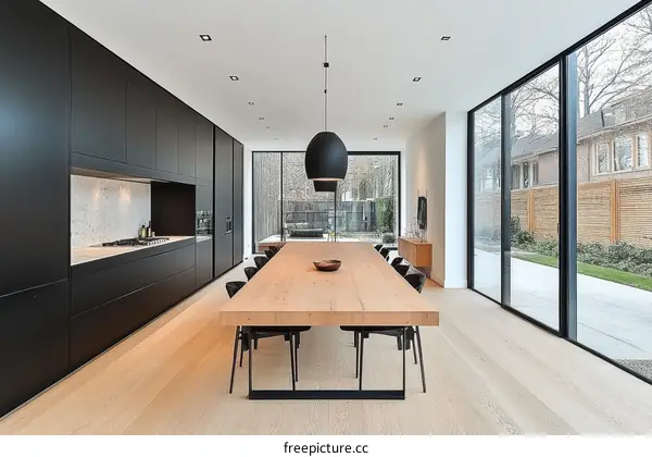 Modern Dining Room with Large Wooden Table and Black Cabinets