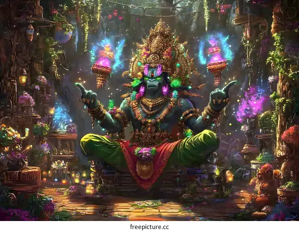 Digital Painting of Hindu Deity in a Lush Forest