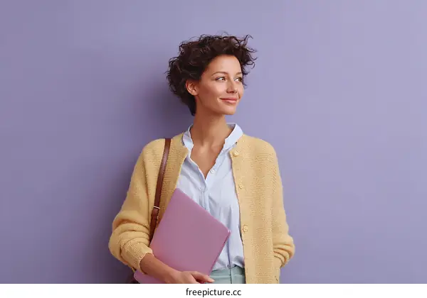 Young Woman with Laptop in a Fashionable Outfit