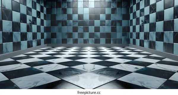 Checkerboard Tile Floor and Wall in Bathroom