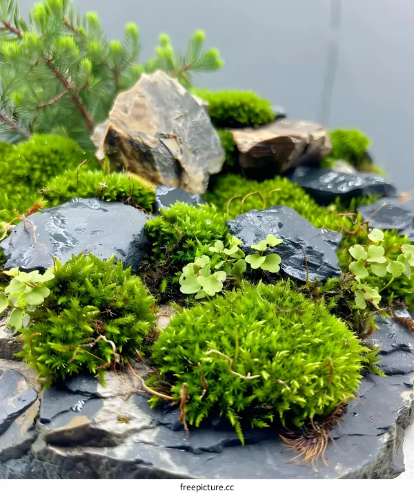 Green Moss and Stone Miniature Garden