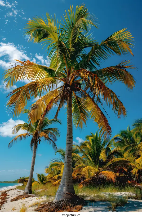 Palm trees on a tropical beach with white sand and blue sky