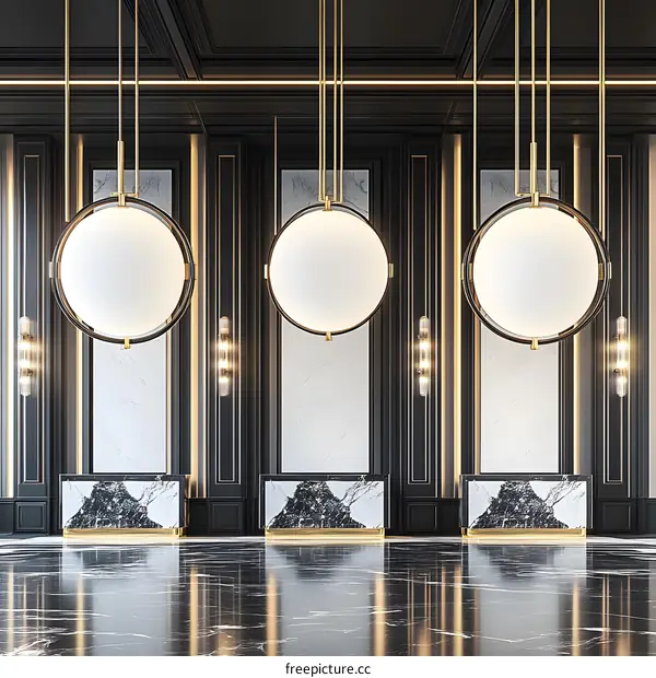 Modern Black and Gold Interior Design with Marble Walls and Circular Chandeliers