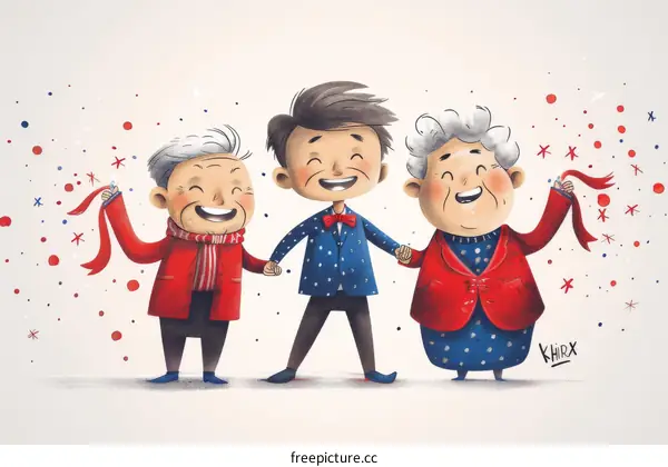 Three people of different ages are holding hands and smiling.