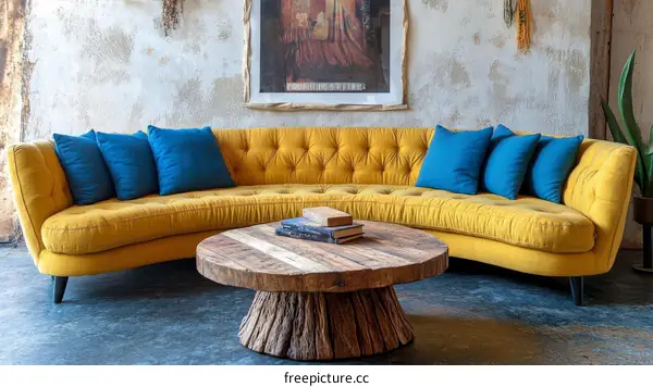 Modern Yellow Sectional Sofa with Blue Cushions in a Stylish Living Room