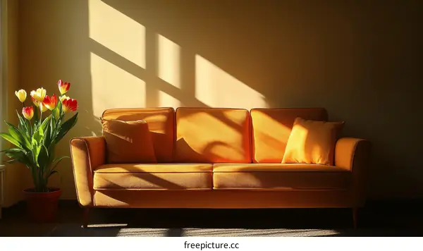 Sunny Day Living Room with Orange Sofa