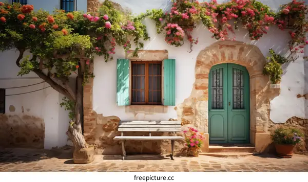 A beautiful Mediterranean house with a blue door and pink flowers