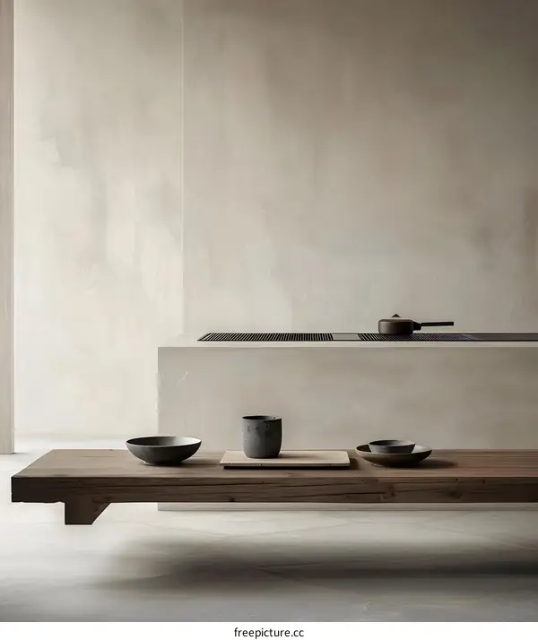 Minimalist Kitchen Design with Wooden Countertop and Grey Ceramic Bowls
