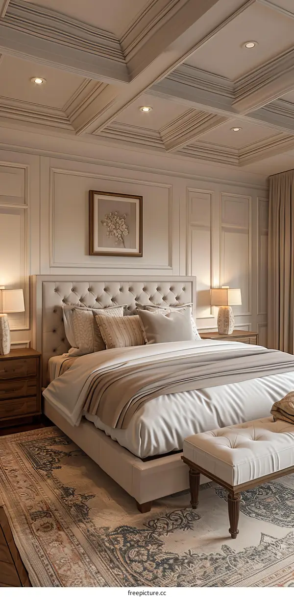 Elegant Bedroom Interior Design with Classic Coffered Ceiling