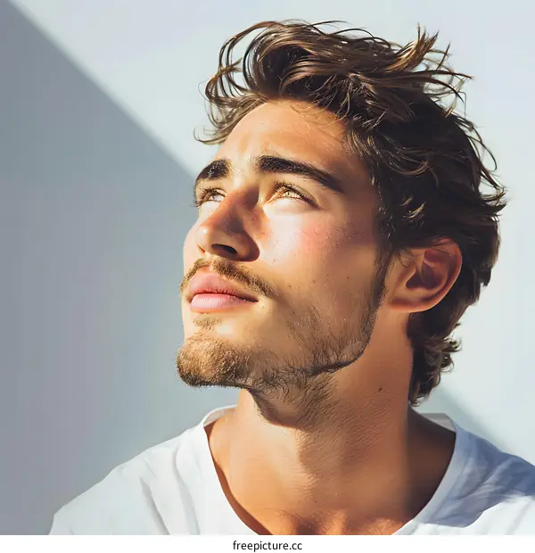 portrait of a young man with a beard and brown hair looking up at the sky