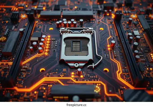 A close-up of a computer motherboard with an empty CPU socket.