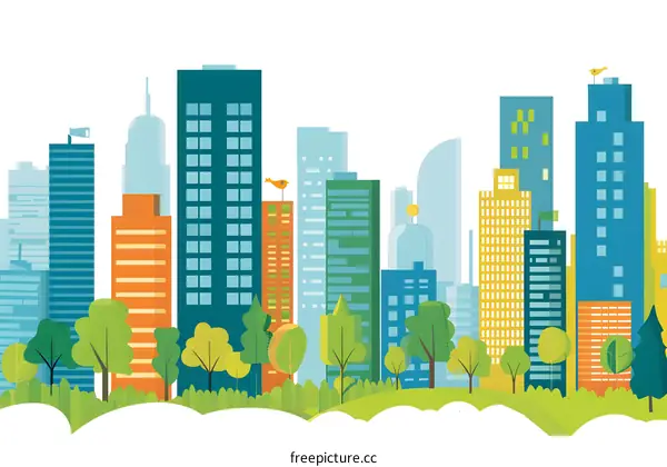 Colorful Cityscape with Green Trees
