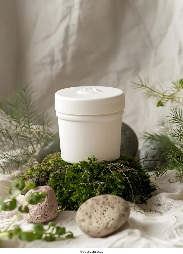 White Cream Jar on Moss and Rocks
