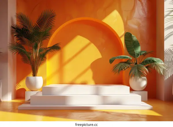 Modern Minimalist Orange Room with White Display Podium