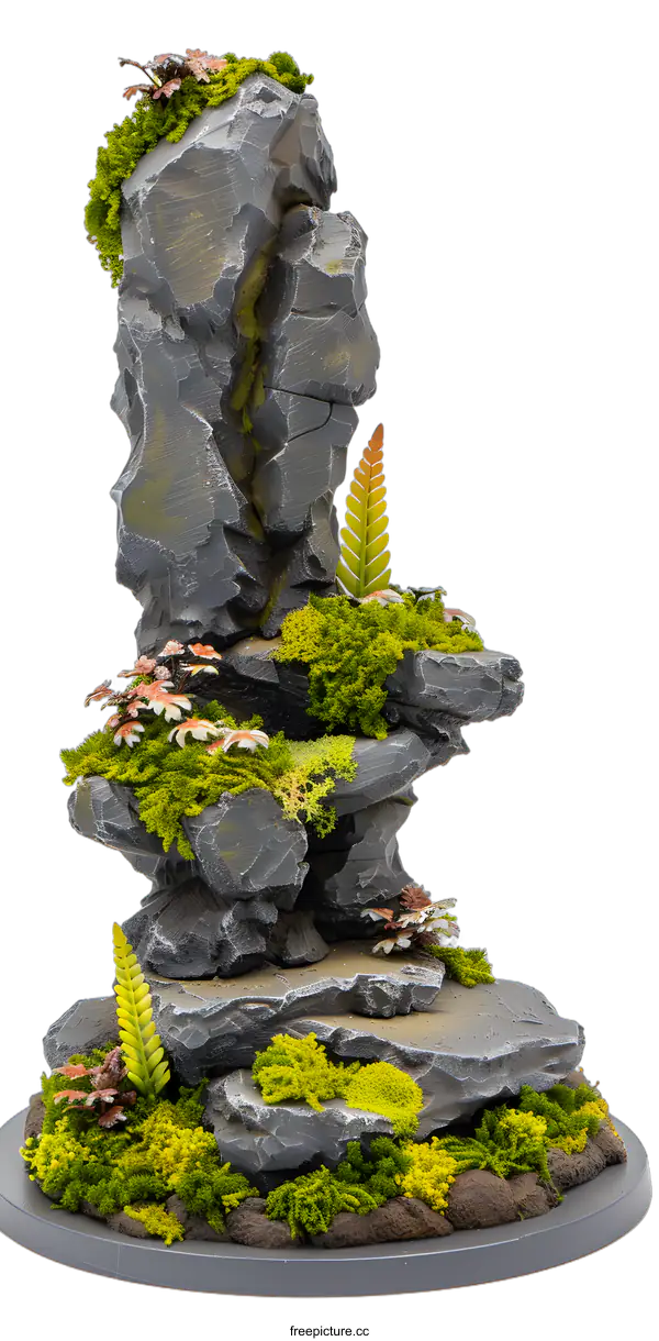 [Transparent Background PNG]Grey Rock Formation With Green Moss And Plants