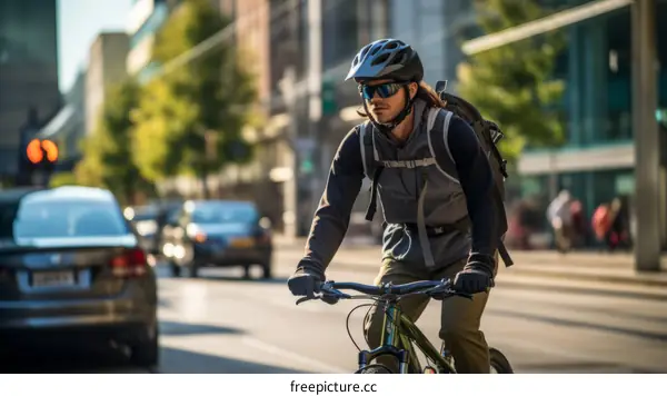 Cyclist rides through city