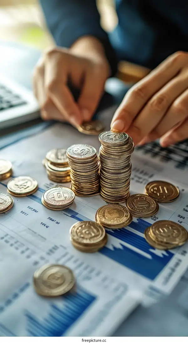 Hands Stacking Coins on Financial Documents
