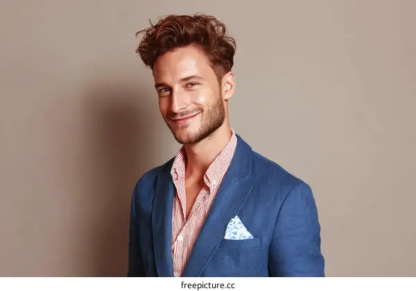 Handsome man with styled hair wearing blue blazer and pink shirt