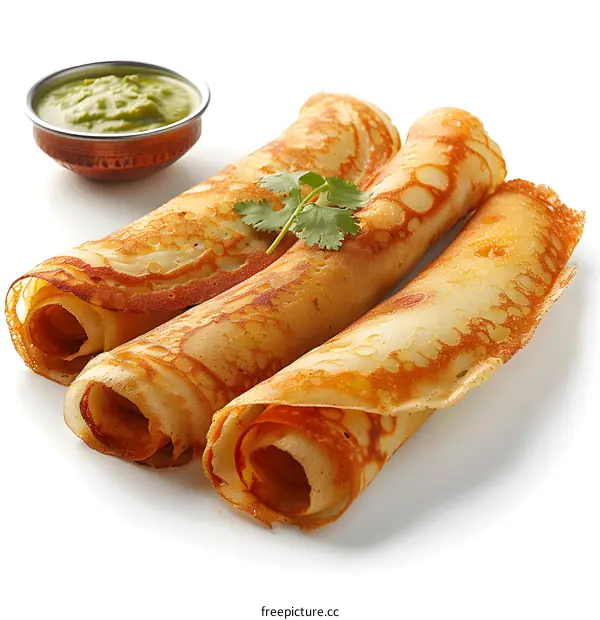 Delicious crispy dosa rolls on white background