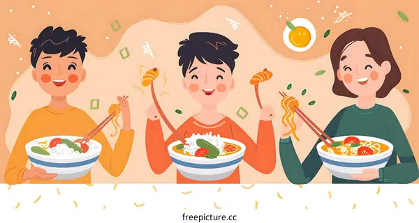 Happy Friends Enjoying Delicious Noodle Soup Together