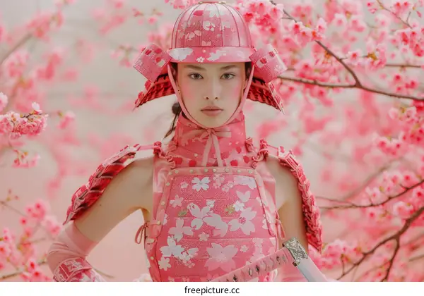 A woman wearing a pink samurai armor stands in a field of cherry blossoms.