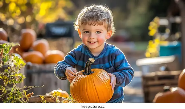 Cute Little Boy Holding Pumpkin at Pumpkin Patch