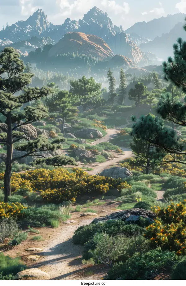 The Rocky Mountains in the distance with a dirt path through a lush forest