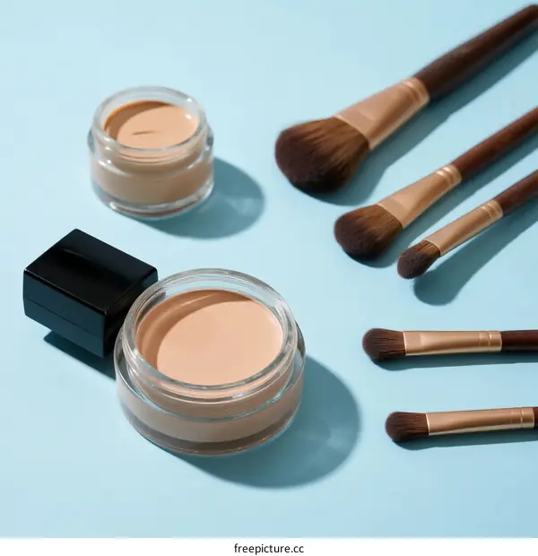 Makeup Products with Brushes on Blue Background