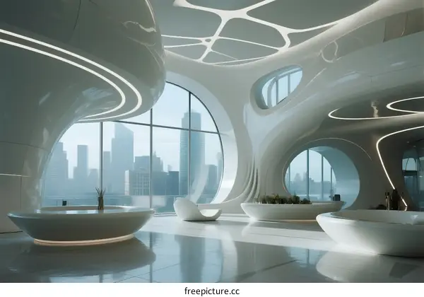 Futuristic White Interior with Curved Architecture and City View