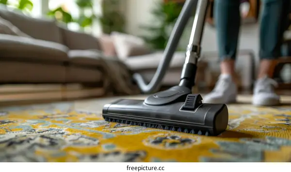 A woman is vacuuming the carpet in the living room.