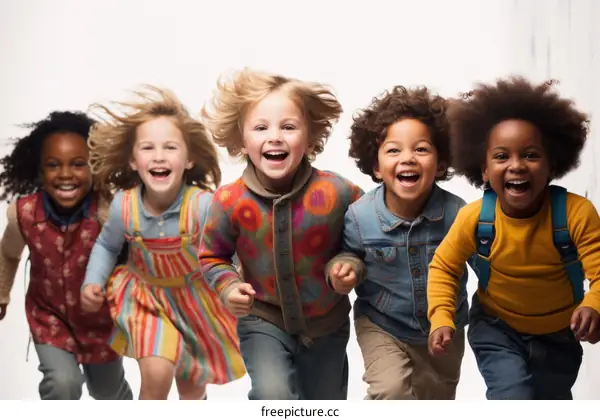 A group of diverse children are running and smiling.