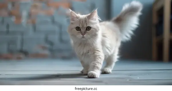 A cute white kitten walking on the wooden floor
