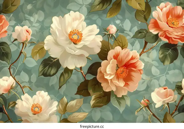 Vintage floral pattern with white and pink roses