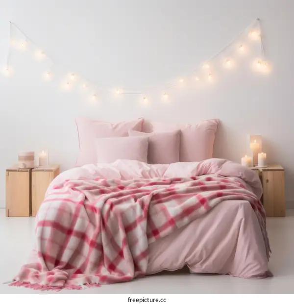 Cozy Pink and White Bedroom with Plaid Blanket and Twinkle Lights