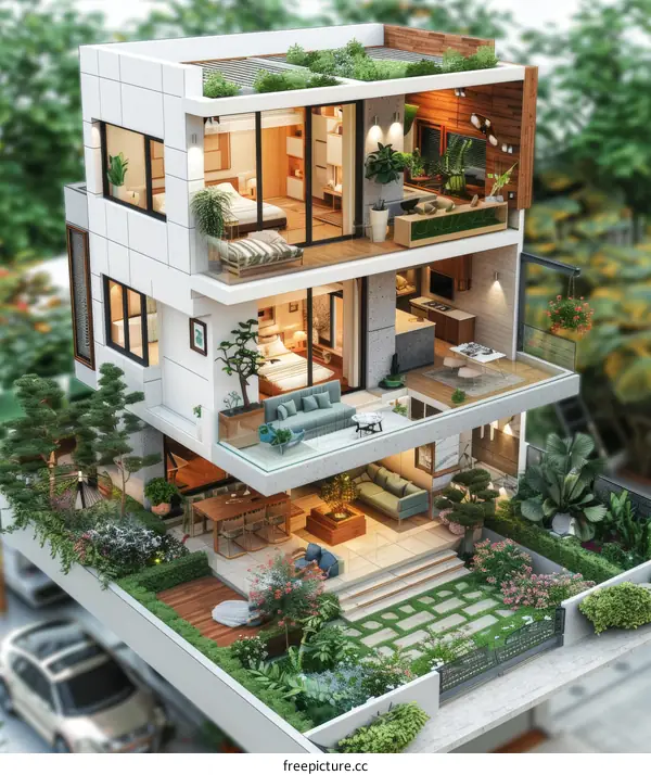 A modern two-story house with a garden and a garage