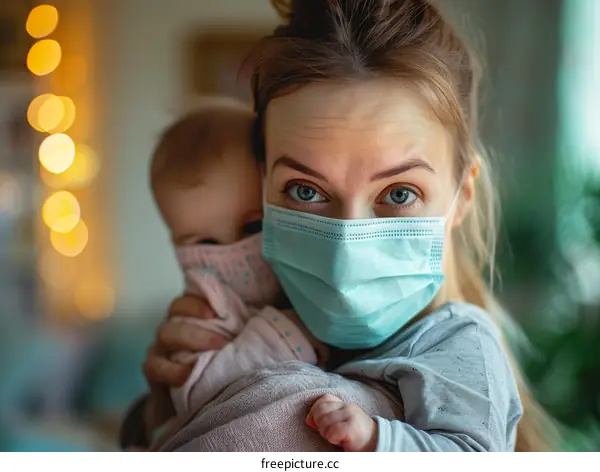 Mother and baby wearing surgical masks to prevent coronavirus infection