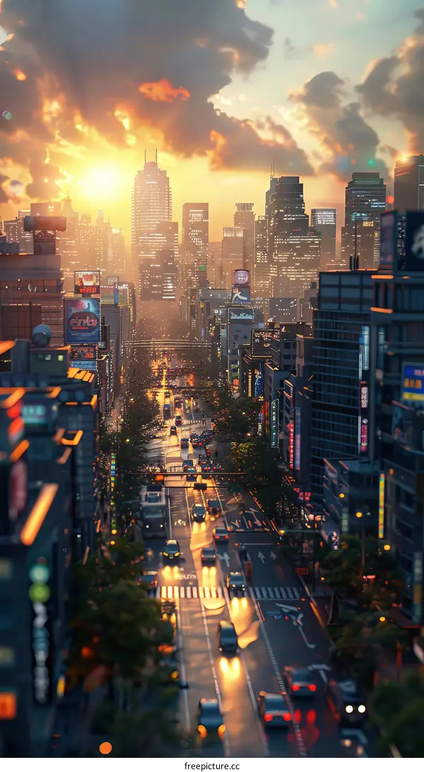 Sunset Cityscape Urban Street Scene Illustration