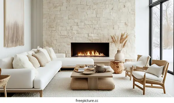 Modern Minimalist Living Room with Stone Fireplace