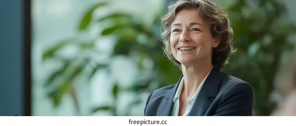 Smiling Woman in Business Attire Looking Away