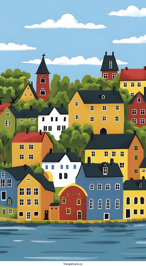 Colorful Illustration of a European Cityscape with a Church