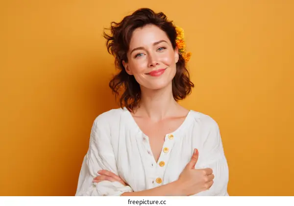 Smiling Woman with Flower Crown on Orange Background