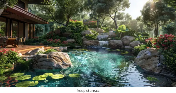 Luxurious Courtyard with Tranquil Pond and Waterfall