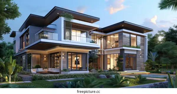 A 3D rendering of a modern house with a pool