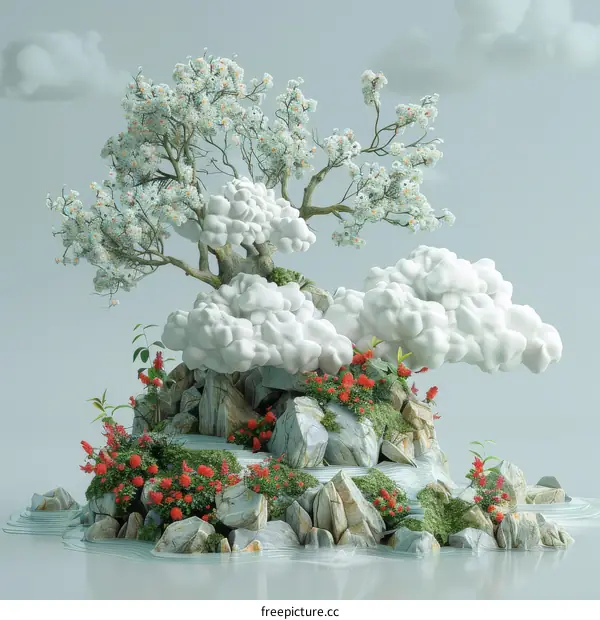 Abstract Island with Blooming Cherry Tree and Fluffy Clouds