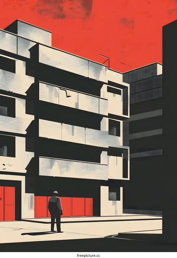 Minimalist Illustration of a Man Standing in Front of a Building with Red Doors