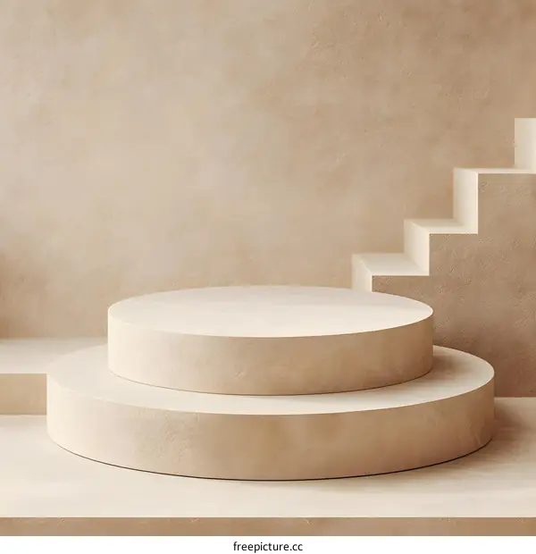 Minimalist Beige Abstract Background With Two Circular Platforms And Steps
