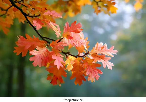 Autumn Oak Leaves on Branch in Soft Focus