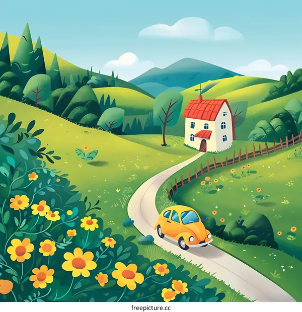 Yellow Car Driving on a Winding Road through Green Fields