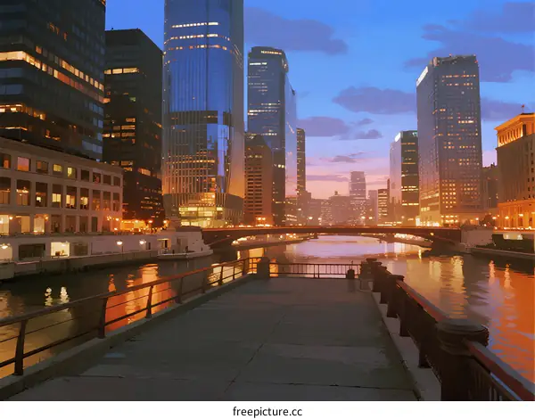 Cityscape at dusk with tall buildings and a river flowing through